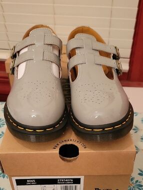 Dr. Martens Zinc Grey Patent Mary Jane's with Yellow Stitching